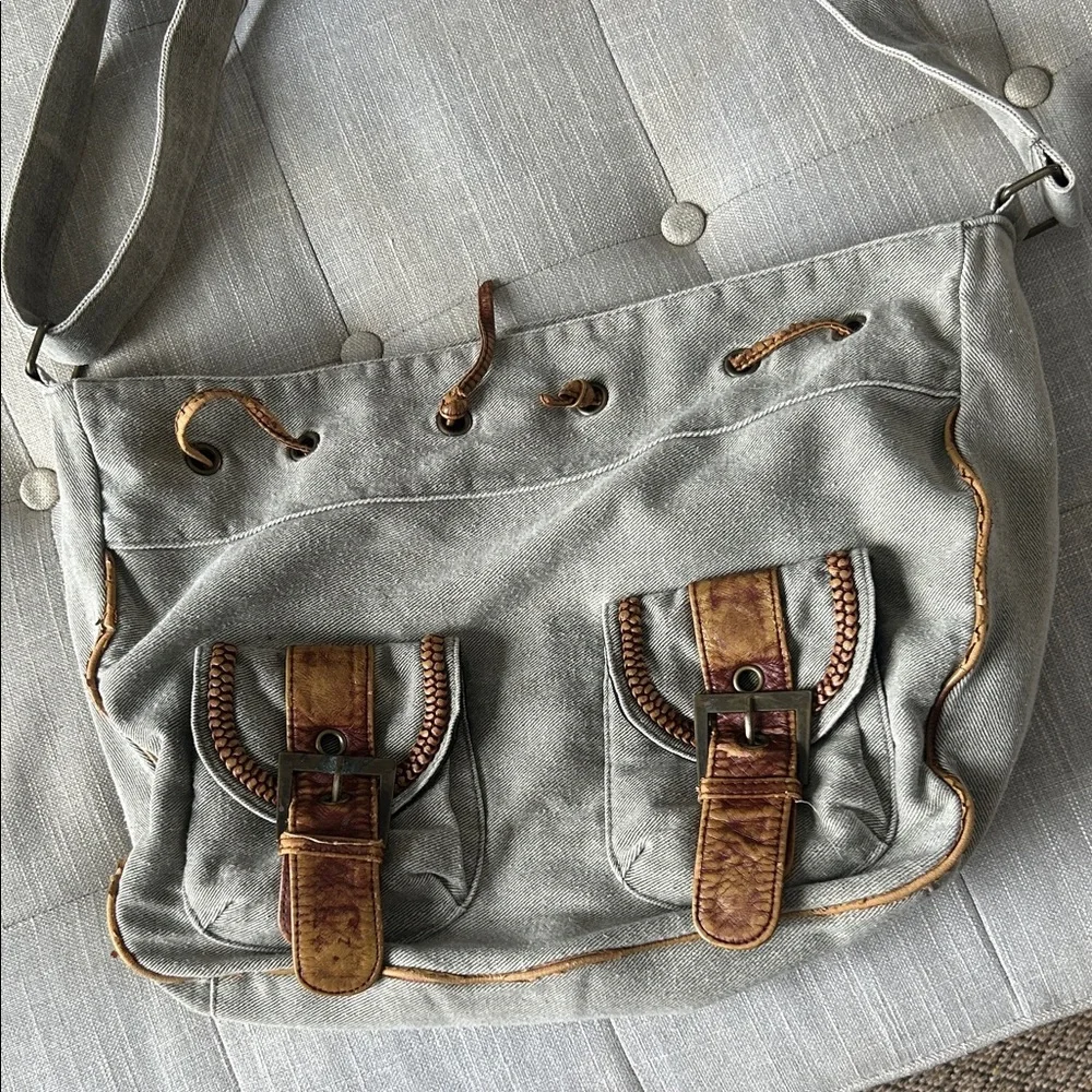 Non Signe Y2K Vintage Green Distressed Denim Double Pocket Messenger Bag